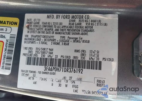 2013 Ford Fusion Se из США, поврежденный, VIN 3FA6P0H71DR376192